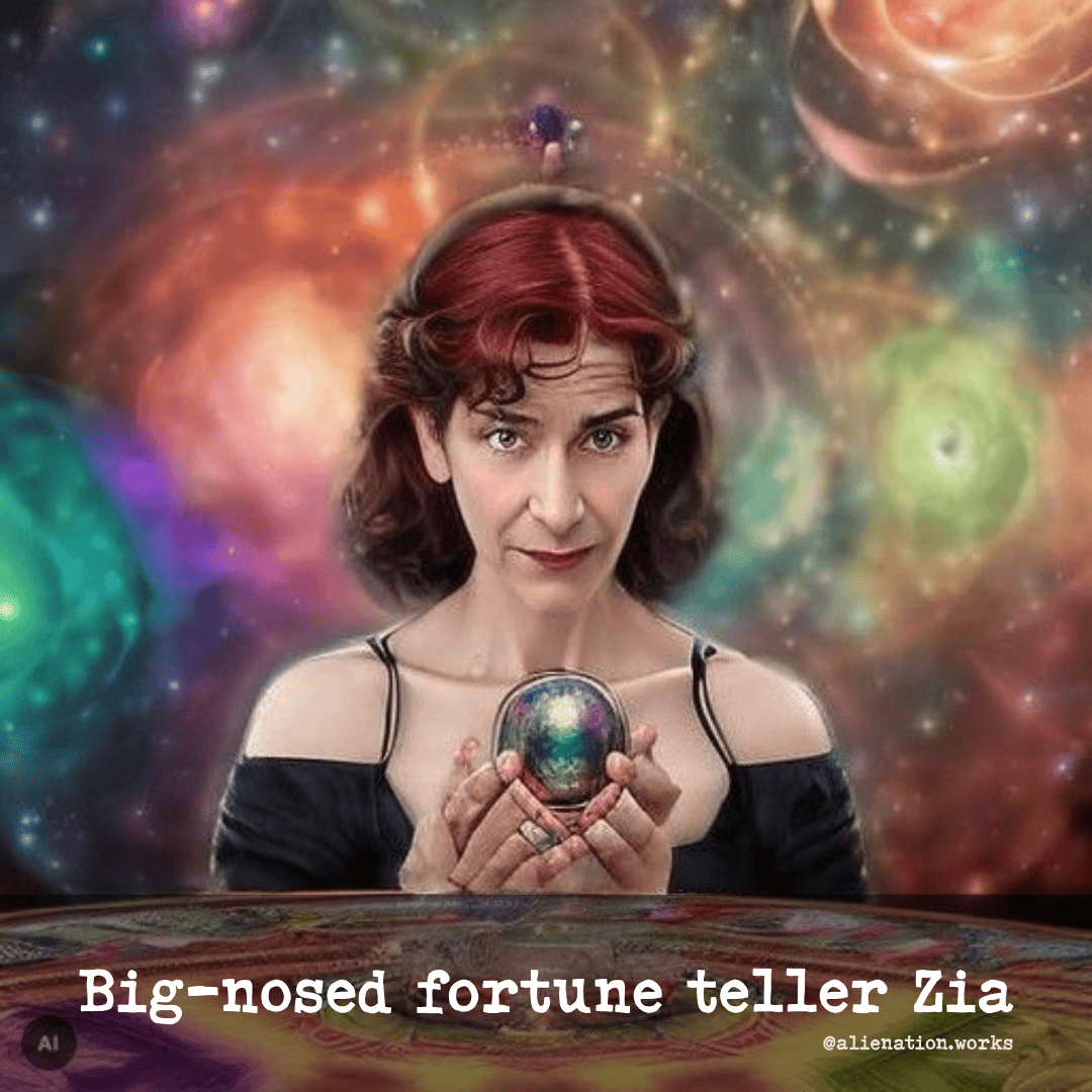 Big-nosed fortune teller Zia AI-generated