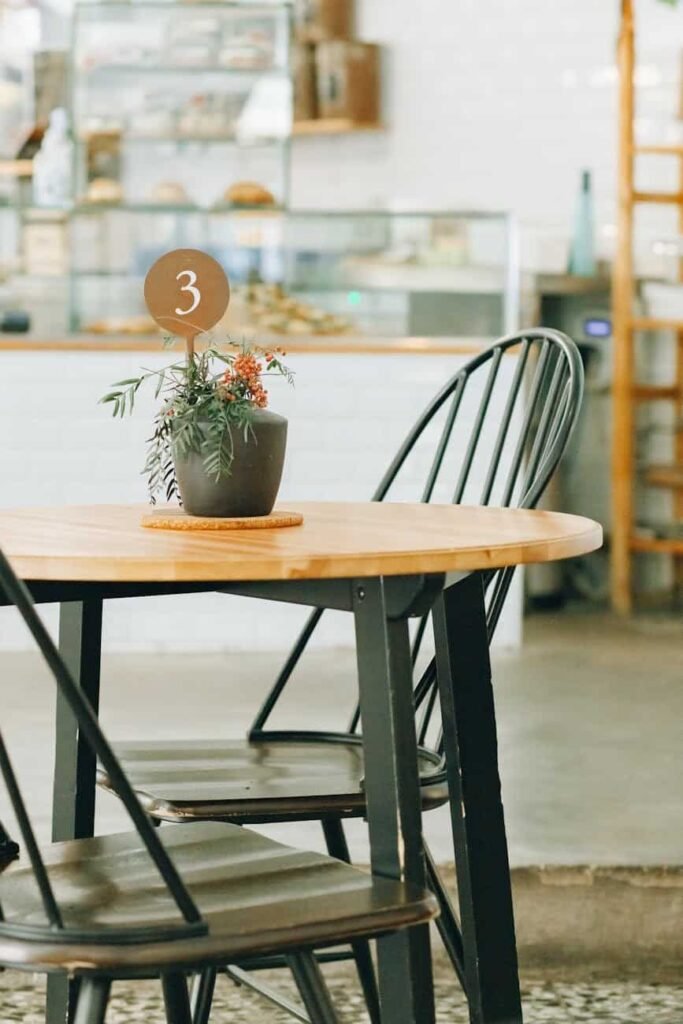 potted plant on brown wooden table with chairs